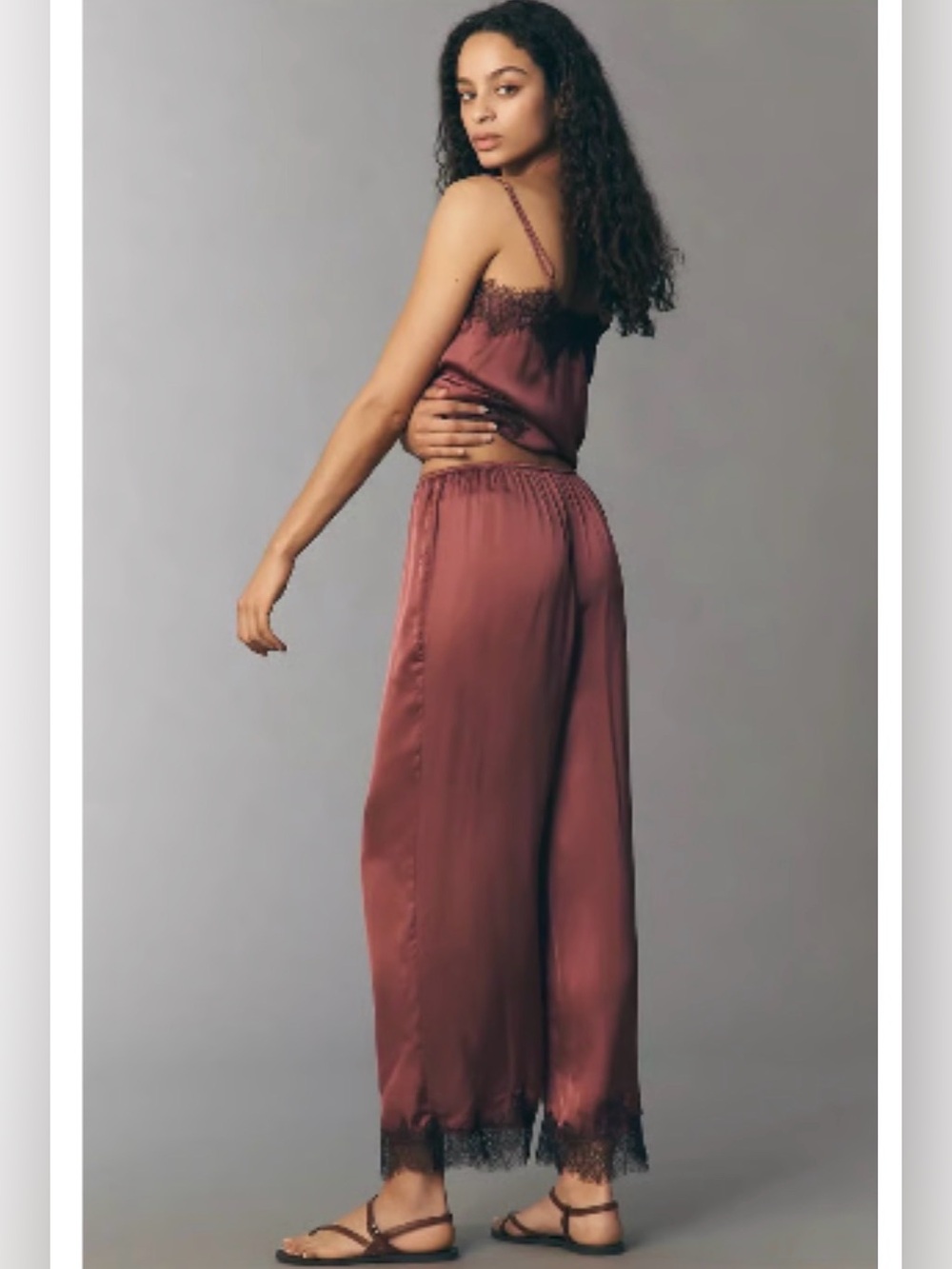 Anthropologie Wide-Leg Satin Pants in Dusty Rose with Black Lace Trim - Picture 2 of 4